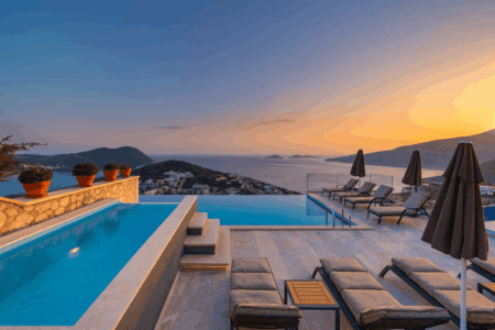 Villa Safran View – Luxury villa in Kalkan with infinity pool, private sun terrace, and breathtaking sea views of the Mediterranean at sunset.