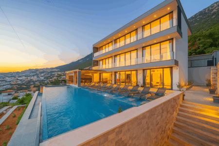 Villa Falcon Grey in Kalkan with private infinity pool, modern three-story architecture, luxury sun loungers, and panoramic sea and mountain views at sunset
