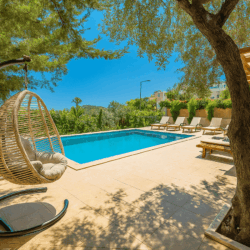Villa Husam Kalkan – outdoor private pool surrounded by olive trees, sun loungers, and a relaxing hanging chair in a lush Mediterranean garden.