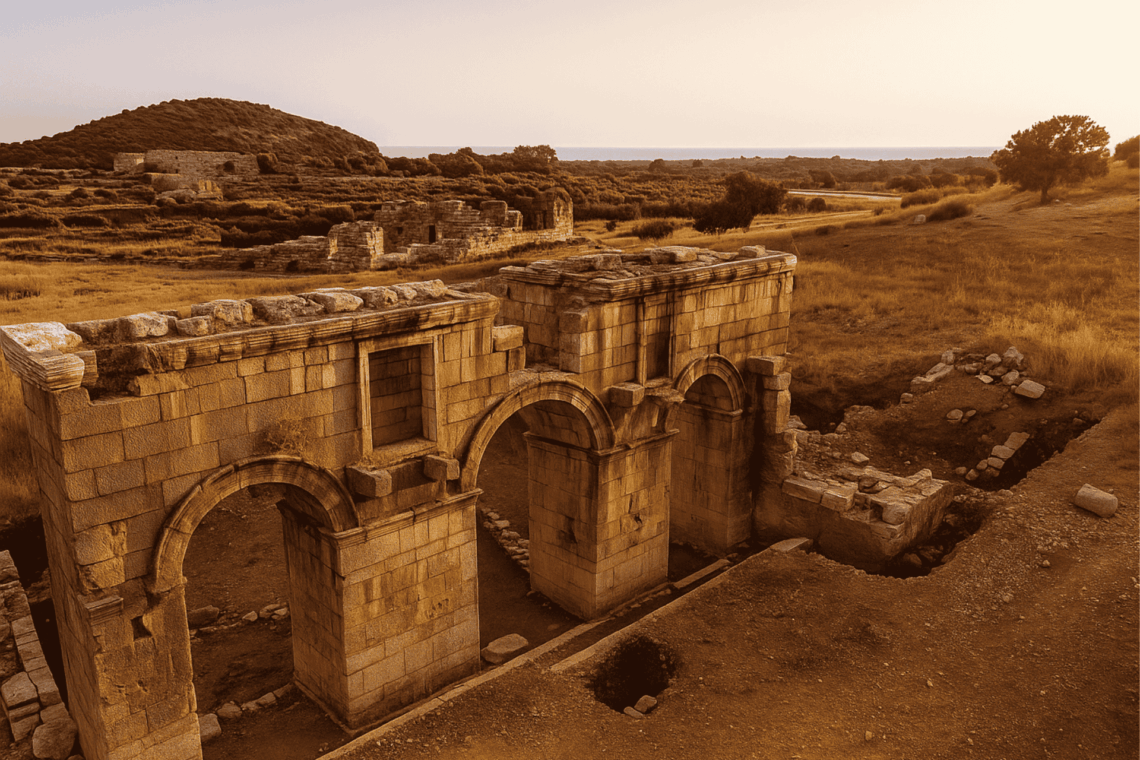 Ancient Roman gate ruins at Patara Ancient City in Antalya, Turkey, surrounded by nature at sunset
