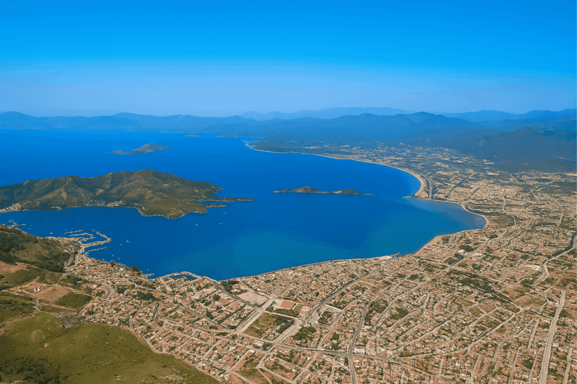 Panoramic aerial view of Fethiye coastline, Turkey – popular destination for things to do in Fethiye, including beaches, blue waters, and nature activities.