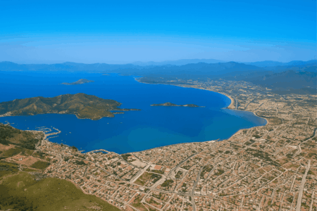 Panoramic aerial view of Fethiye coastline, Turkey – popular destination for things to do in Fethiye, including beaches, blue waters, and nature activities.